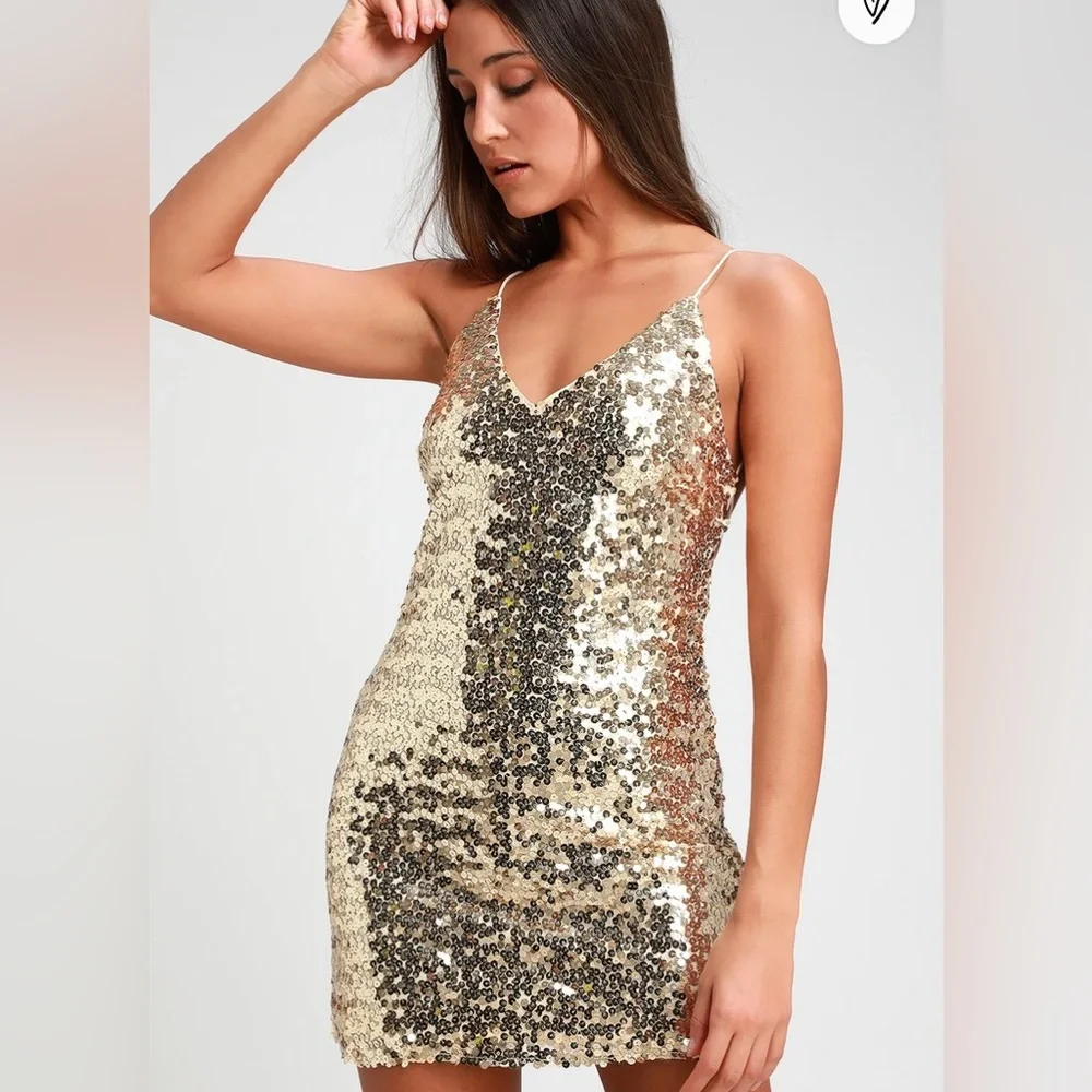 NWT Lulus gold sequined mini dress with open back, Sz. Large. - Picture 1 of 6